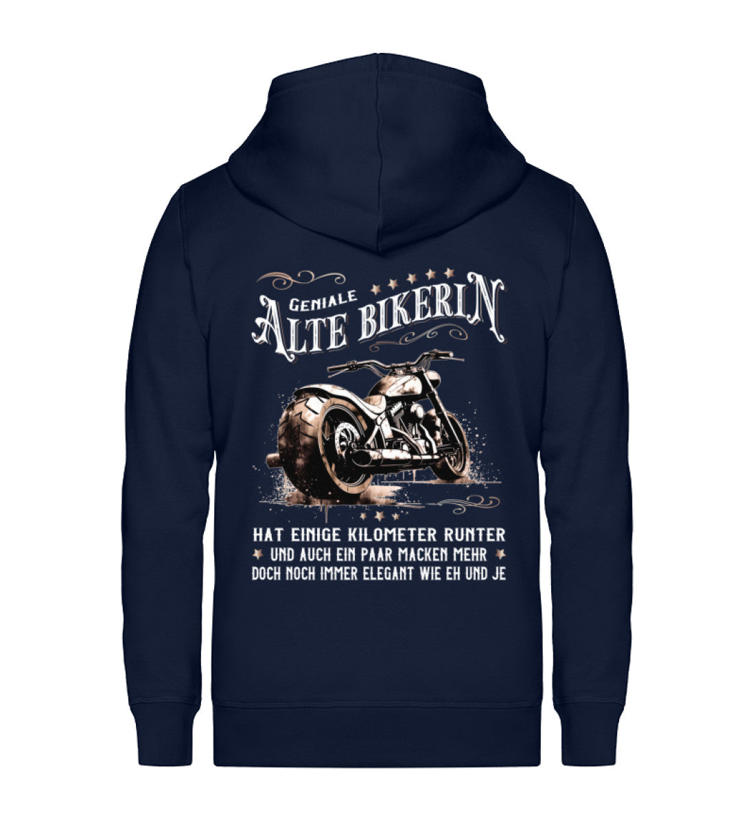 Ein Bikerin Zip-Hoodie für Motorradfahrerinnen von Wingbikers mit dem Aufdruck, Alte Bikerin - Einige Kilometer Runter - Doch elegant wie eh und je - mit Back Print, in navy blau.