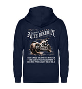 Ein Bikerin Zip-Hoodie für Motorradfahrerinnen von Wingbikers mit dem Aufdruck, Alte Bikerin - Einige Kilometer Runter - Doch elegant wie eh und je - mit Back Print, in navy blau.