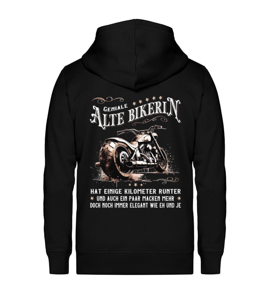 Ein Bikerin Zip-Hoodie für Motorradfahrerinnen von Wingbikers mit dem Aufdruck, Alte Bikerin - Einige Kilometer Runter - Doch elegant wie eh und je - mit Back Print, in schwarz.