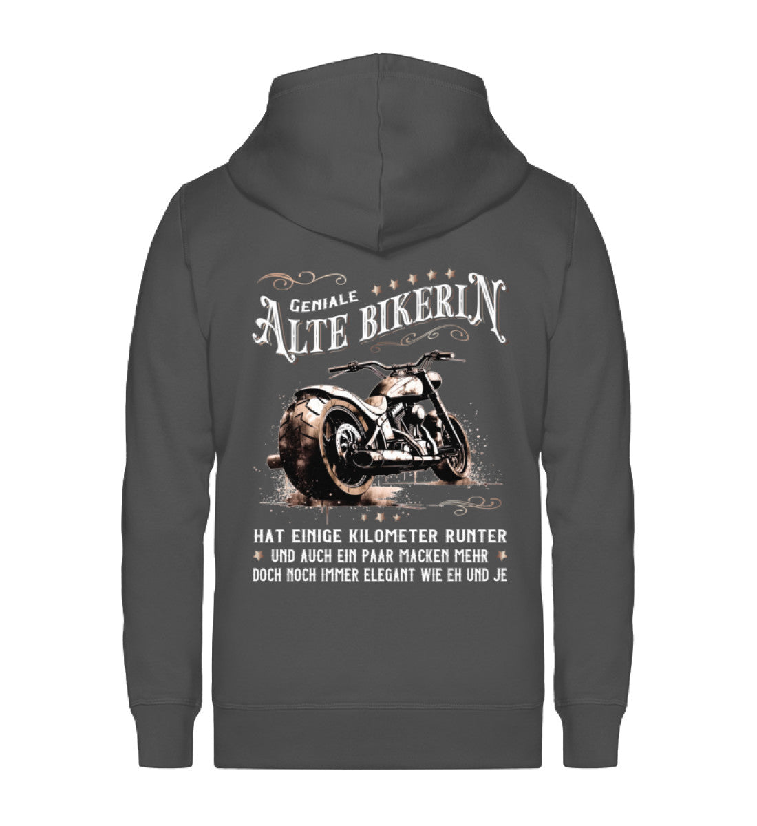 Ein Bikerin Zip-Hoodie für Motorradfahrerinnen von Wingbikers mit dem Aufdruck, Alte Bikerin - Einige Kilometer Runter - Doch elegant wie eh und je - mit Back Print, in dunkelgrau.