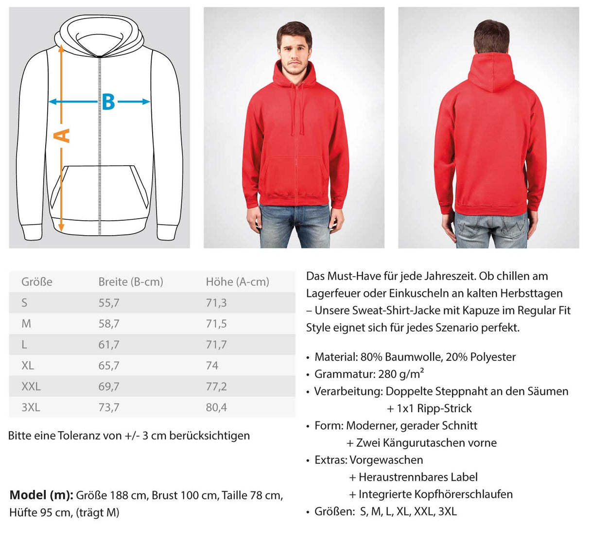 Größentabelle Zip Hoodie S-3XL