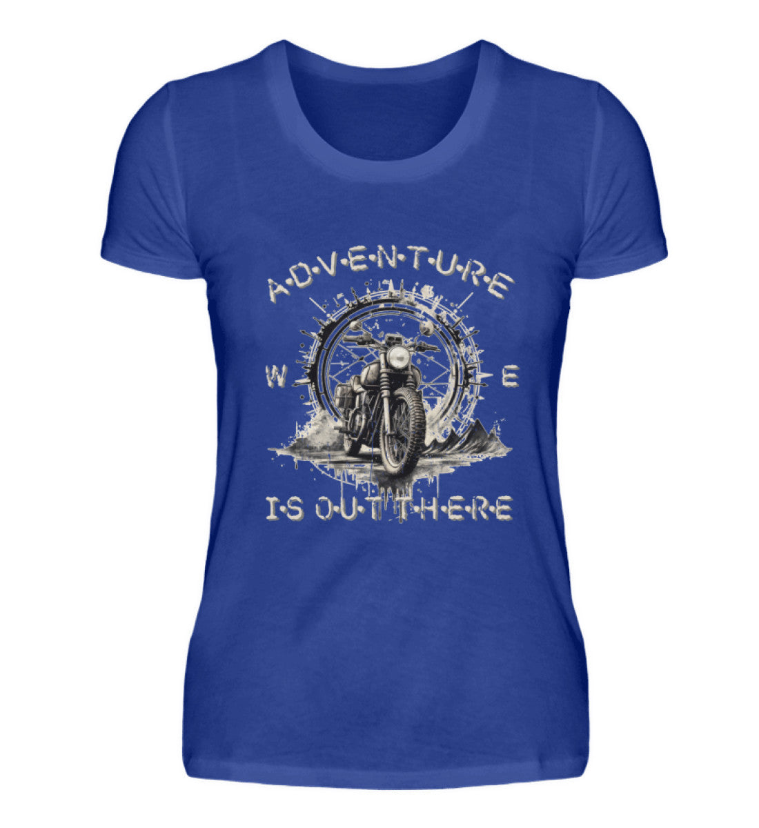 Ein T-Shirt für Motorradfahrerinnen von Wingbikers mit dem Aufdruck, Adventure Is Out There, in royal blau. .