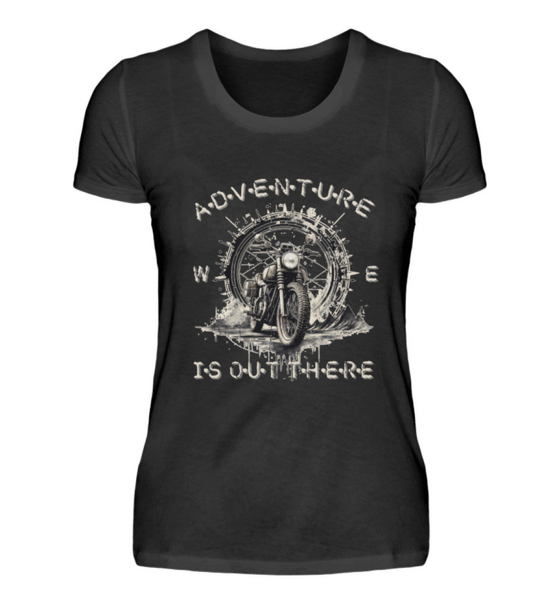 Ein T-Shirt für Motorradfahrerinnen von Wingbikers mit dem Aufdruck, Adventure Is Out There, in schwarz.