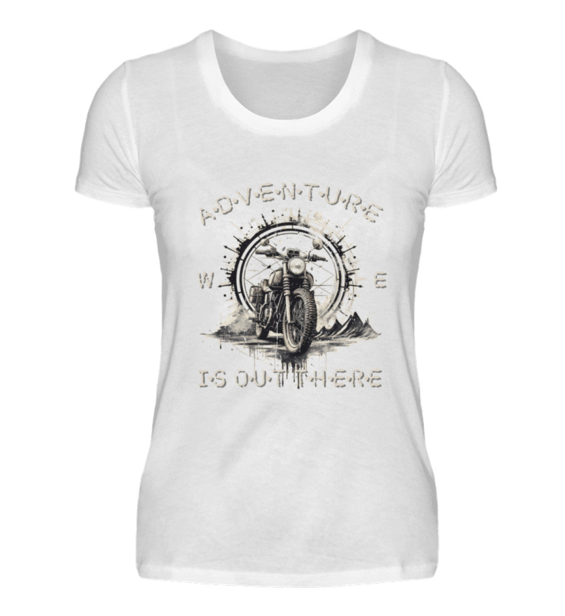 Ein T-Shirt für Motorradfahrerinnen von Wingbikers mit dem Aufdruck, Adventure Is Out There, in weiß.