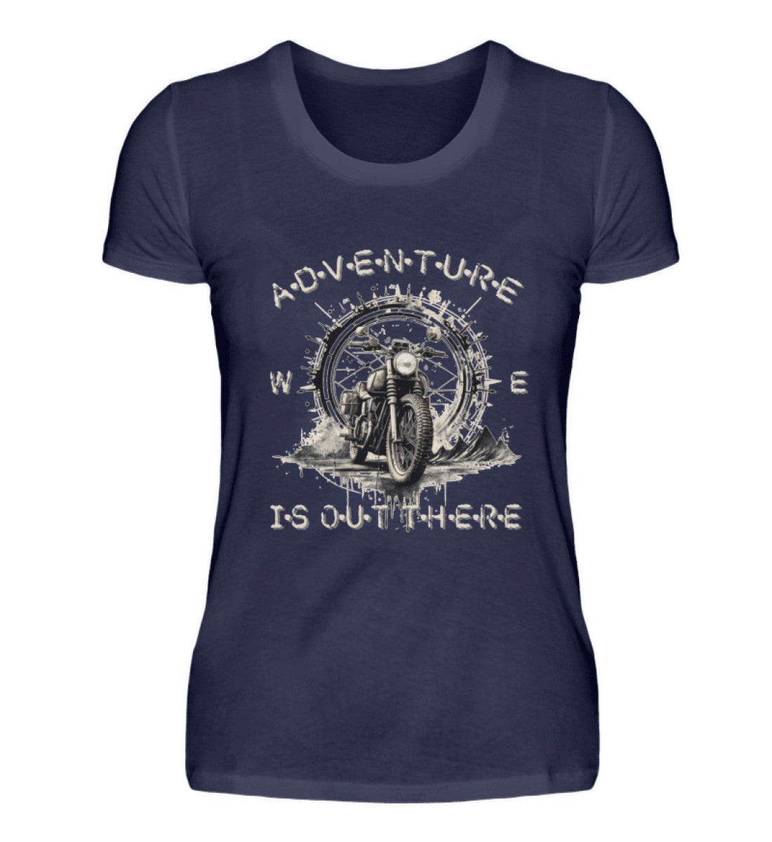 Ein T-Shirt für Motorradfahrerinnen von Wingbikers mit dem Aufdruck, Adventure Is Out There, in navy blau.