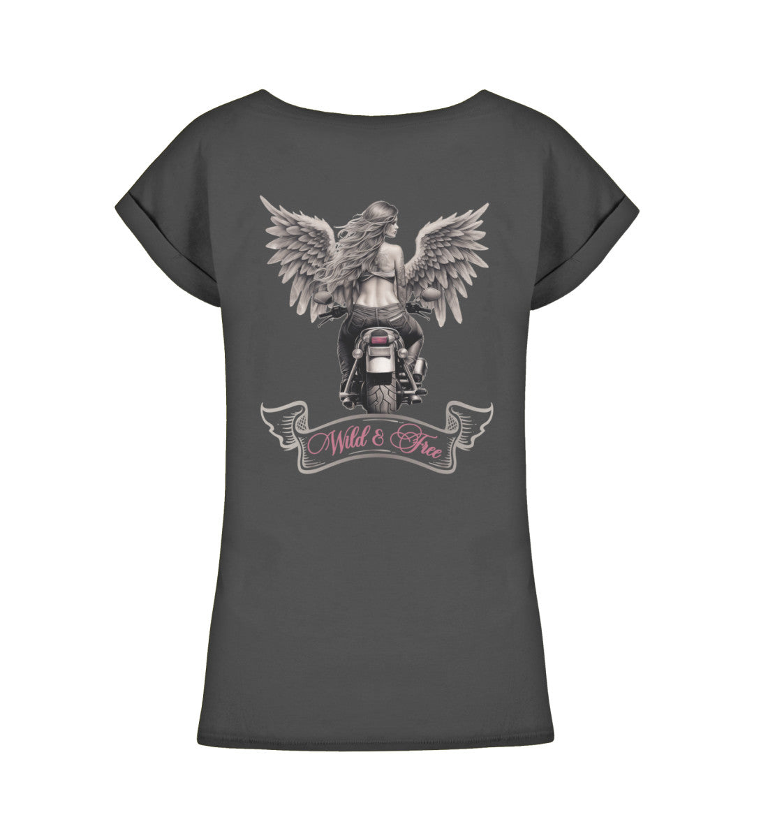 Ein T-Shirt für Motorradfahrerinnen von Wingbikers mit dem Aufdruck, Wild & Free- als Back Print, leger geschnitten, in schwarz.