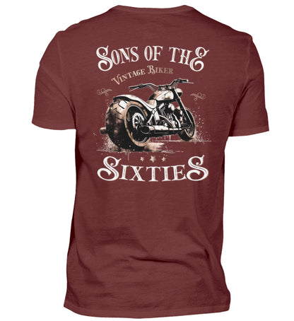 Ein T-Shirt für Motorradfahrer von Wingbikers mit dem Aufdruck, Sons of the Sixties - im vintage Stil, als Back Print, in weinrot.