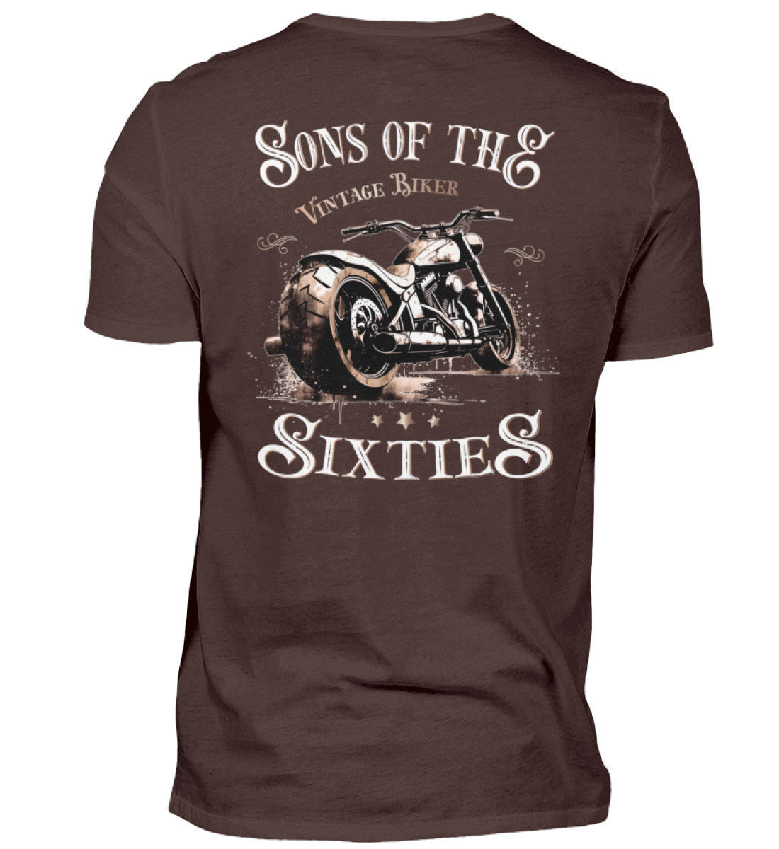Ein T-Shirt für Motorradfahrer von Wingbikers mit dem Aufdruck, Sons of the Sixties - im vintage Stil, als Back Print, in braun.
