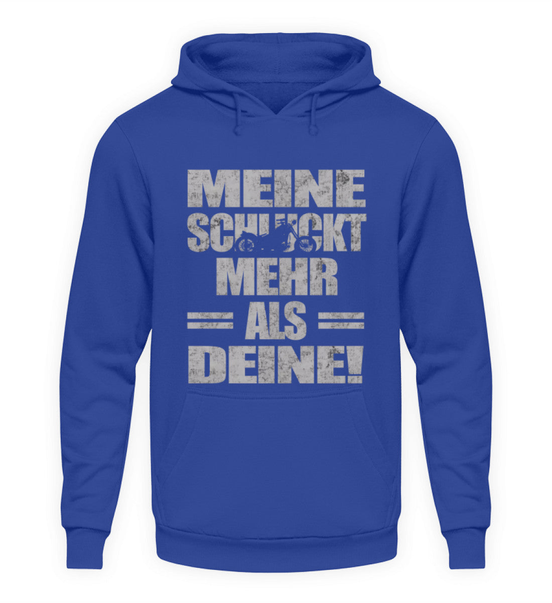 Ein Biker Hoodie für Motorradfahrer von Wingbikers mit dem Aufdruck, Meine schluckt mehr als deine! mit einem Motorrad, in royal blau.