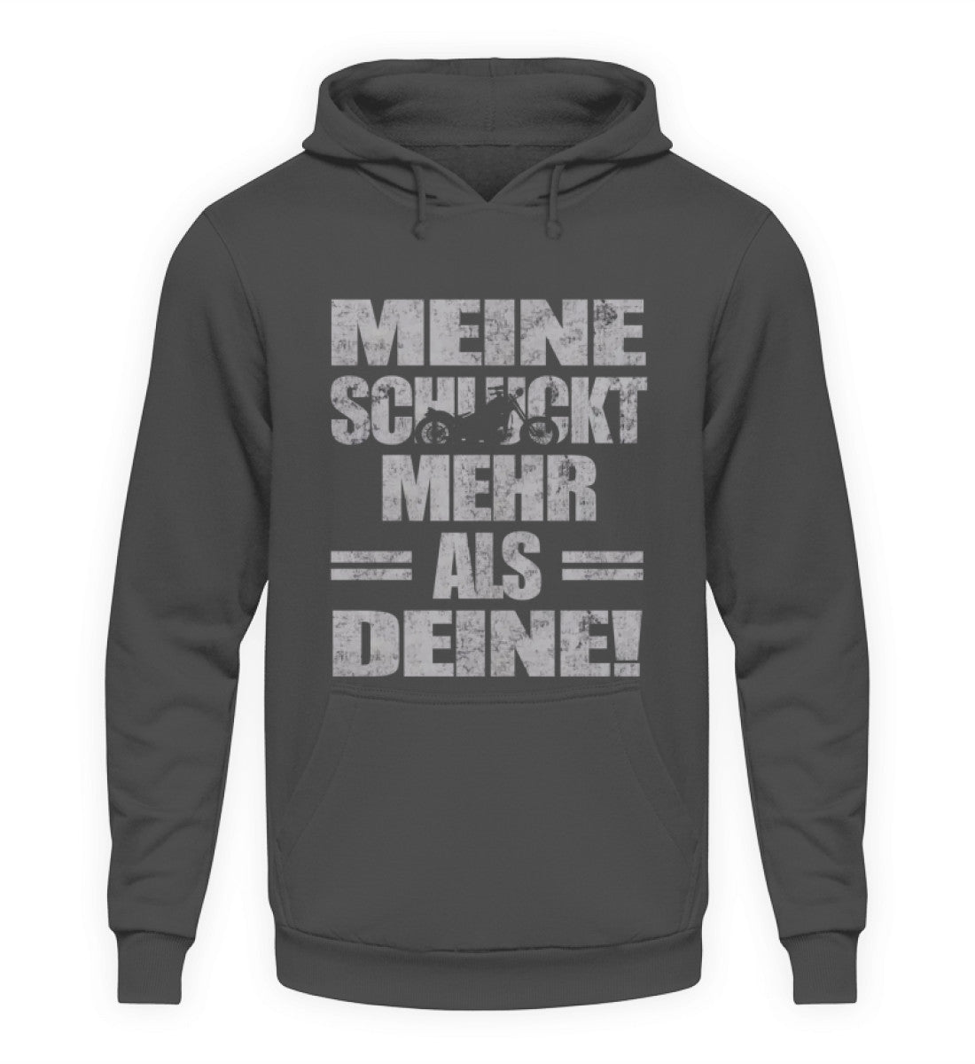 Ein Biker Hoodie für Motorradfahrer von Wingbikers mit dem Aufdruck, Meine schluckt mehr als deine! mit einem Motorrad, in dunkelgrau.