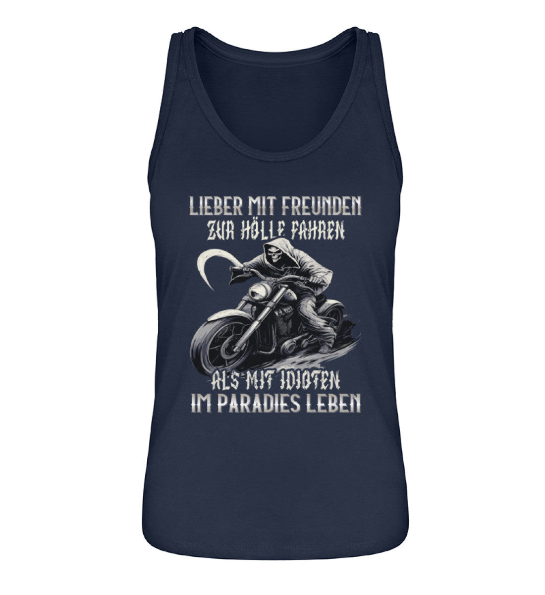 Ein Tanktop für Motorradfahrerinnen von Wingbikers mit dem Aufdruck, Lieber mit Freunden zur Hölle fahren, als mit Idioten im Paradies leben, in navy blau.