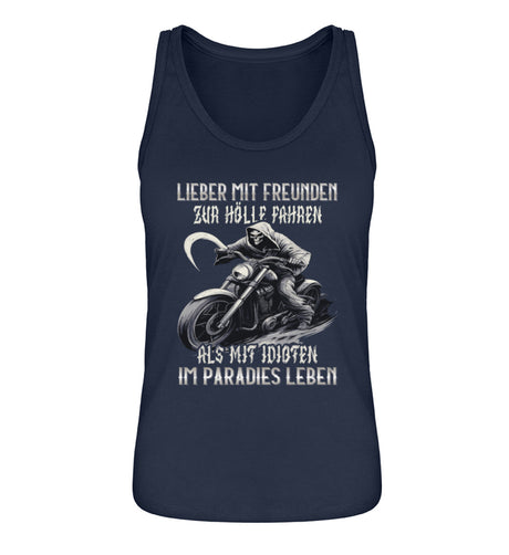 Ein Tanktop für Motorradfahrerinnen von Wingbikers mit dem Aufdruck, Lieber mit Freunden zur Hölle fahren, als mit Idioten im Paradies leben, in navy blau.