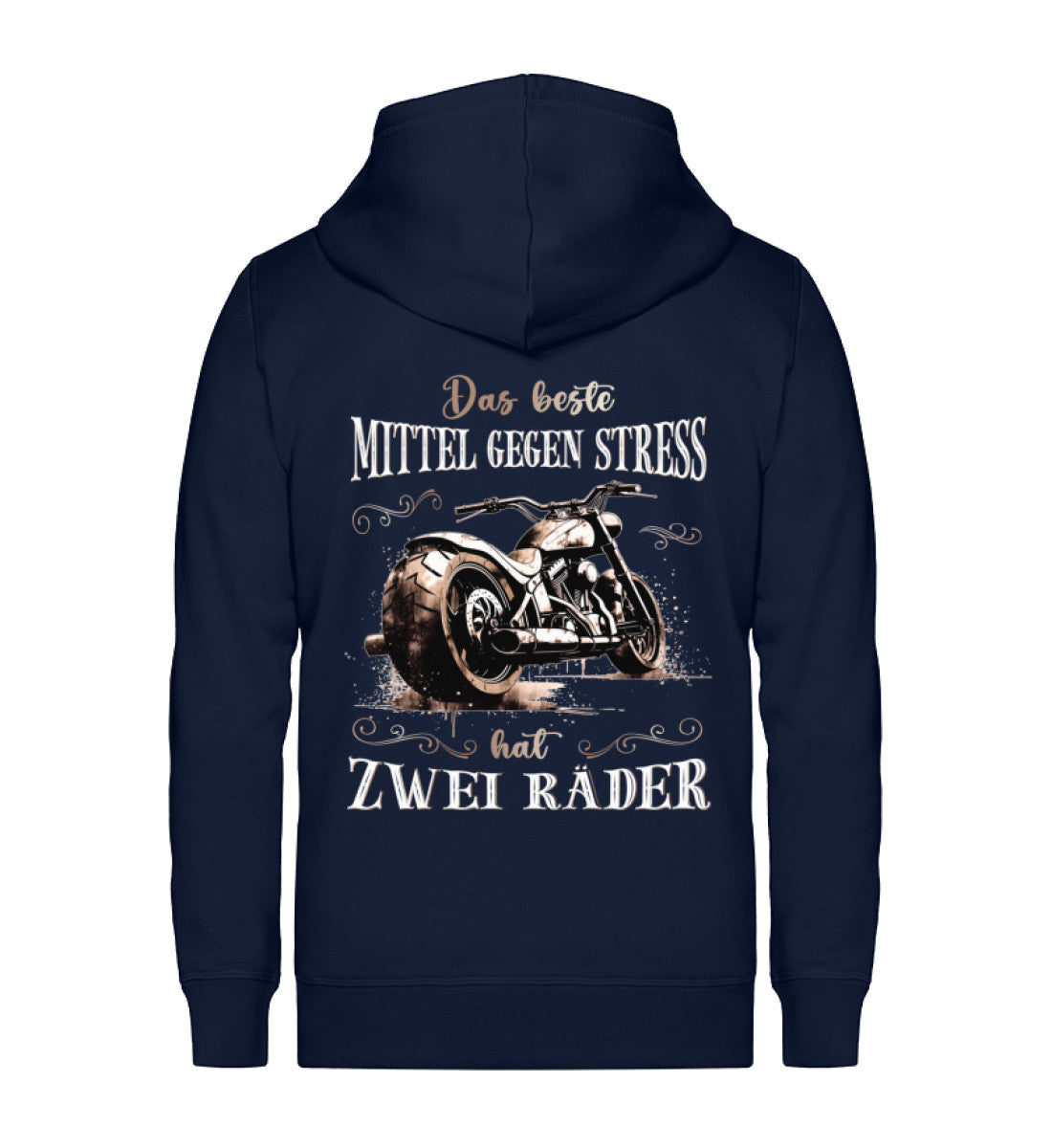 Ein Reißverschluss-Jacke für Motorradfahrende Männer und Frauen von Wingbikers, mit dem Aufdruck, Das beste Mittel gegen Stress hat 2 Räder, in navy blau.