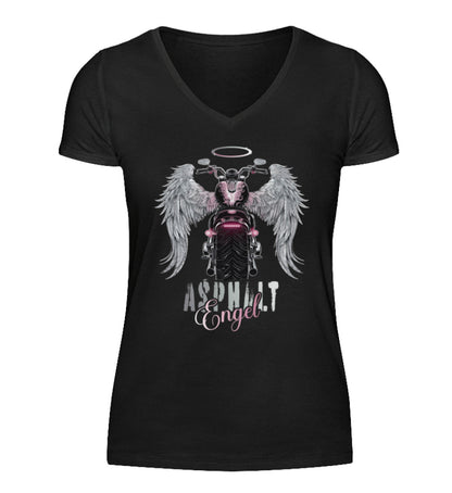 Ein Bikerin T-Shirt mit V-Ausschnitt für Motorradfahrerinnen von Wingbikers mit dem Aufdruck, Asphalt Engel - mit Flügeln, in schwarz.