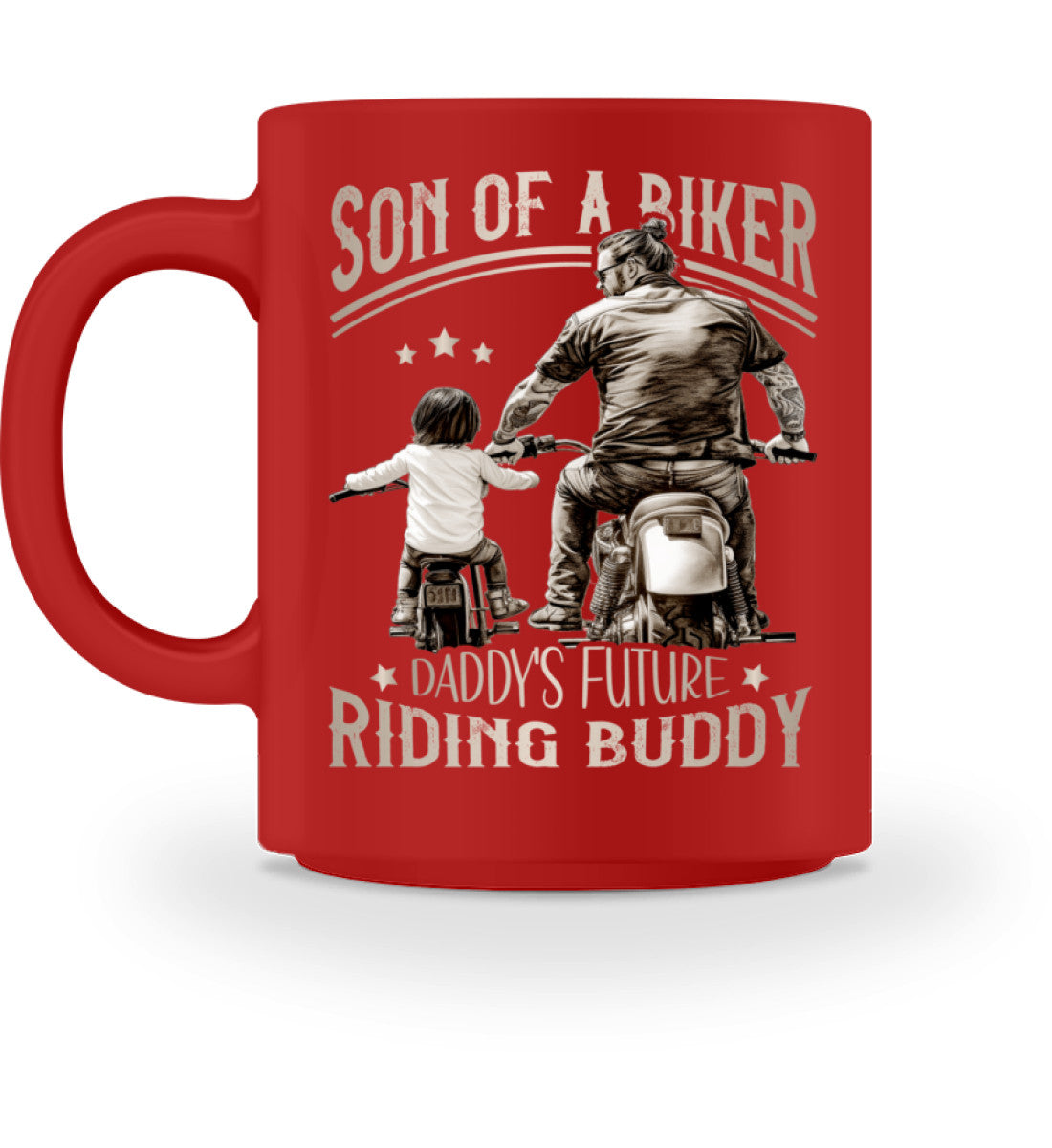Eine Motorrad Tasse für Jungen von Wingbikers, mit dem beidseitigen Aufdruck, Son Of A Biker, in rot.