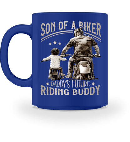 Eine Motorrad Tasse für Jungen von Wingbikers, mit dem beidseitigen Aufdruck, Son Of A Biker, in royal blau.