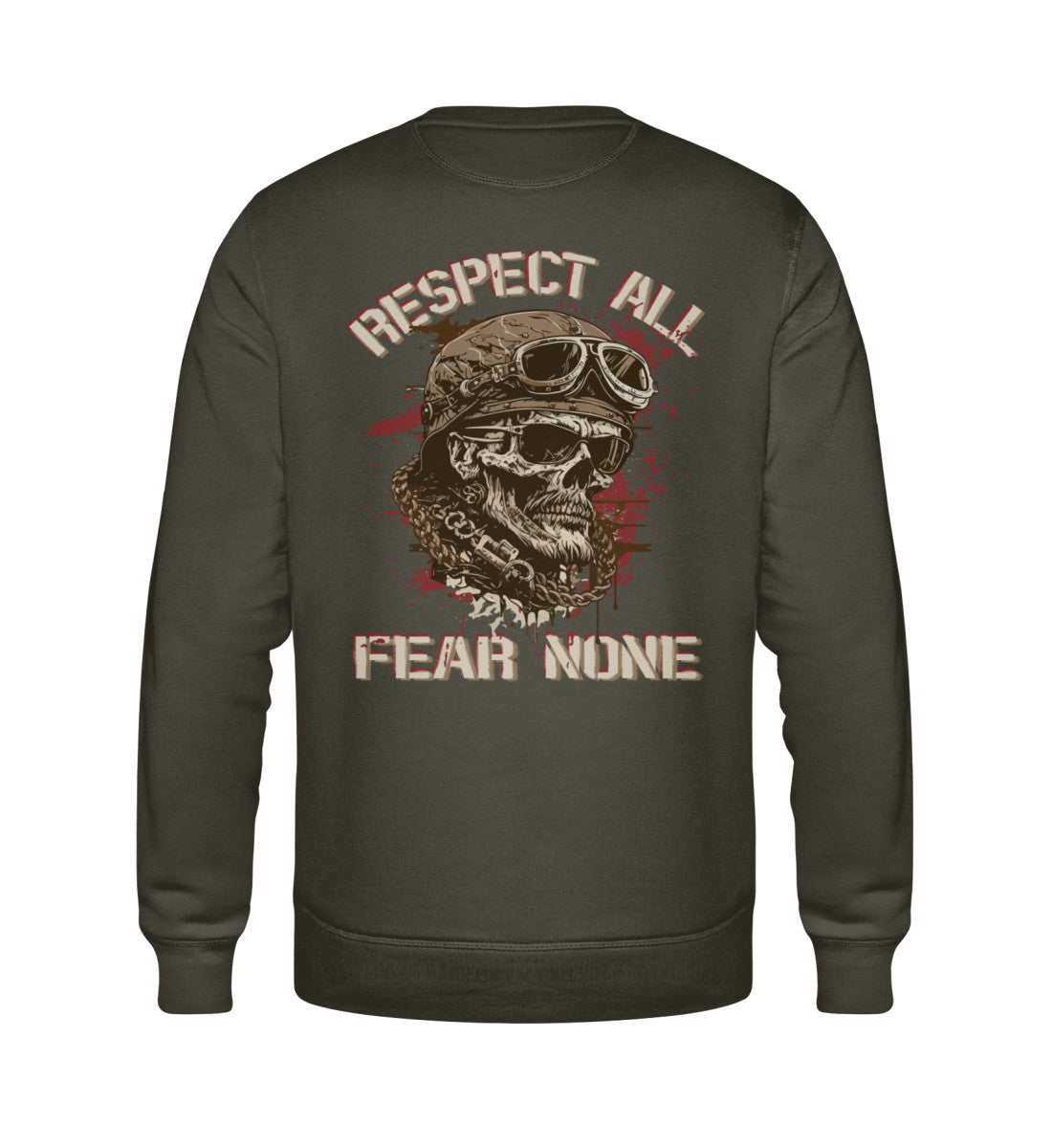 Ein Biker Sweatshirt für Motorradfahrer von Wingbikers mit dem Aufdruck, Respect All - Fear None, in khaki grün.