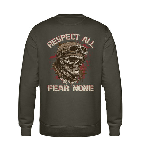 Ein Biker Sweatshirt für Motorradfahrer von Wingbikers mit dem Aufdruck, Respect All - Fear None, in khaki grün.