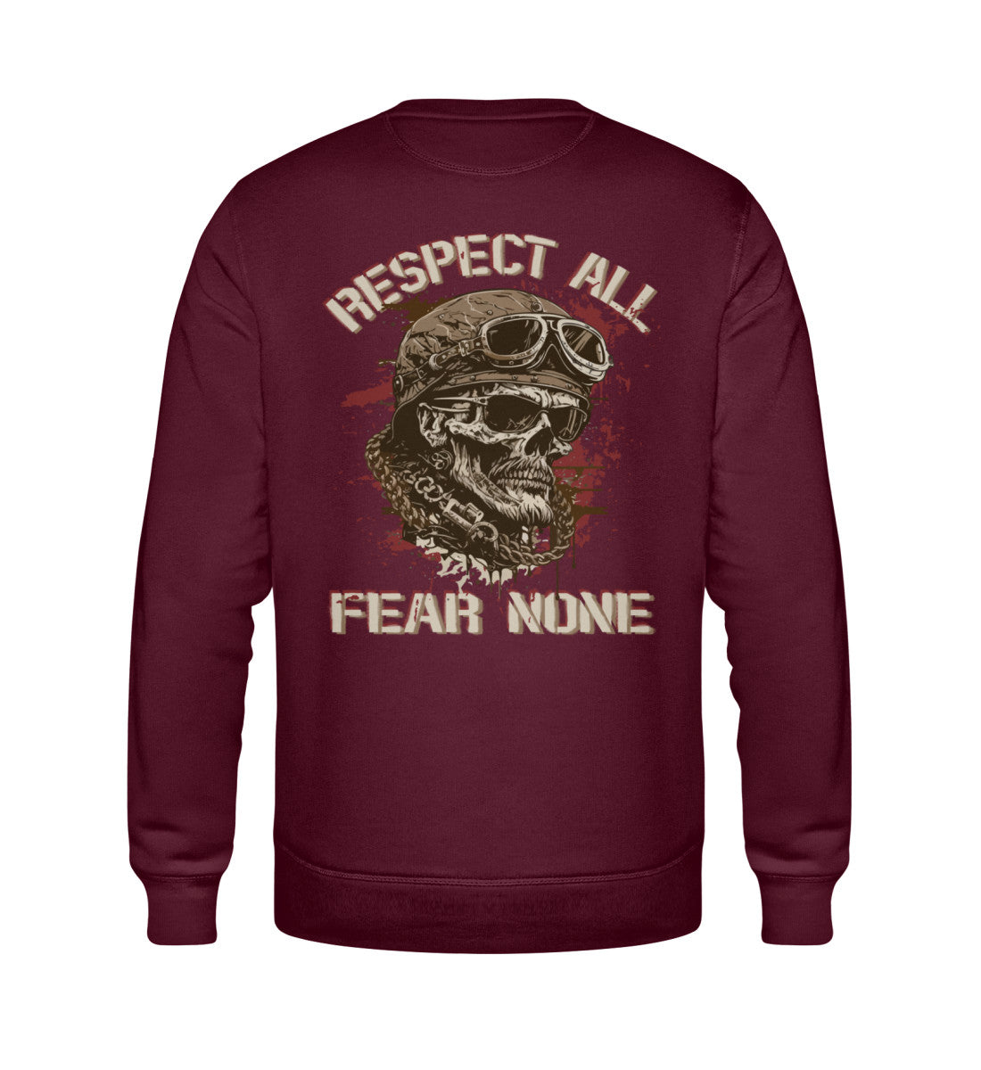 Ein Biker Sweatshirt für Motorradfahrer von Wingbikers mit dem Aufdruck, Respect All - Fear None, in burgunder weinrot.