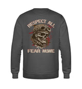 Ein Biker Sweatshirt für Motorradfahrer von Wingbikers mit dem Aufdruck, Respect All - Fear None, in dunkelgrau.