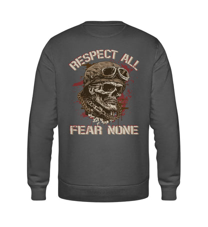 Ein Biker Sweatshirt für Motorradfahrer von Wingbikers mit dem Aufdruck, Respect All - Fear None, in dunkelgrau.
