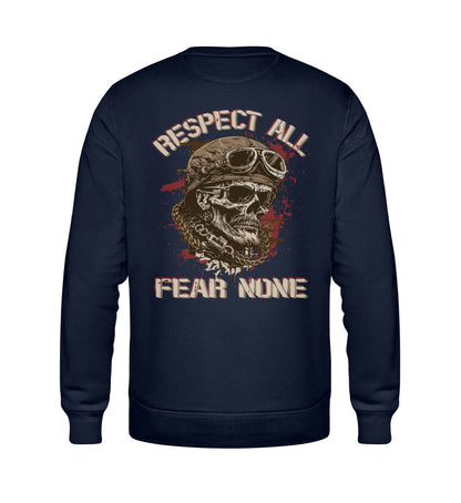 Ein Biker Sweatshirt für Motorradfahrer von Wingbikers mit dem Aufdruck, Respect All - Fear None, in navy blau.
