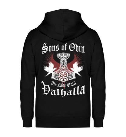 Eine Reißverschluss-Jacke für Motorradfahrer von Wingbikers mit dem Aufdruck, Sons of Odin - We Ride Until Valhalla, in schwarz.