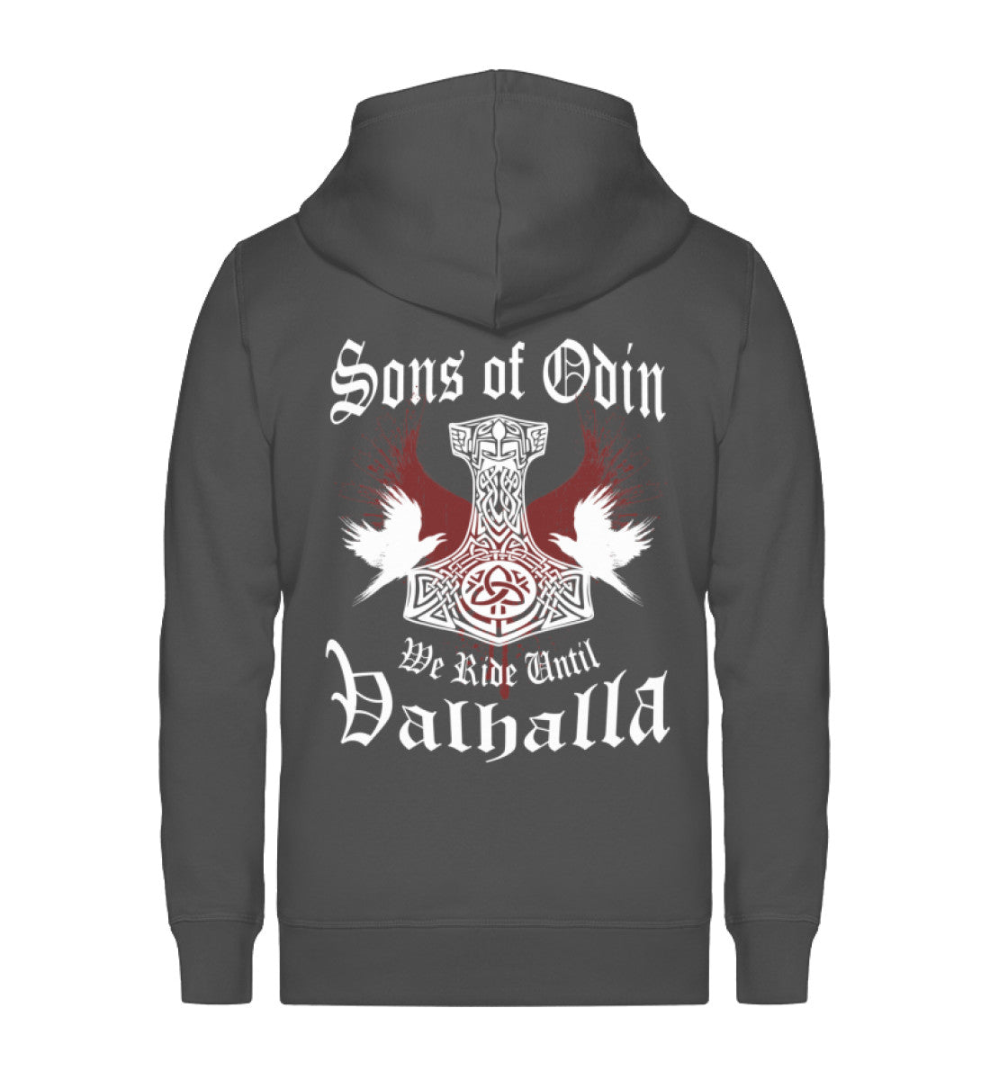 Eine Reißverschluss-Jacke für Motorradfahrer von Wingbikers mit dem Aufdruck, Sons of Odin - We Ride Until Valhalla, in dunkelgrau.
