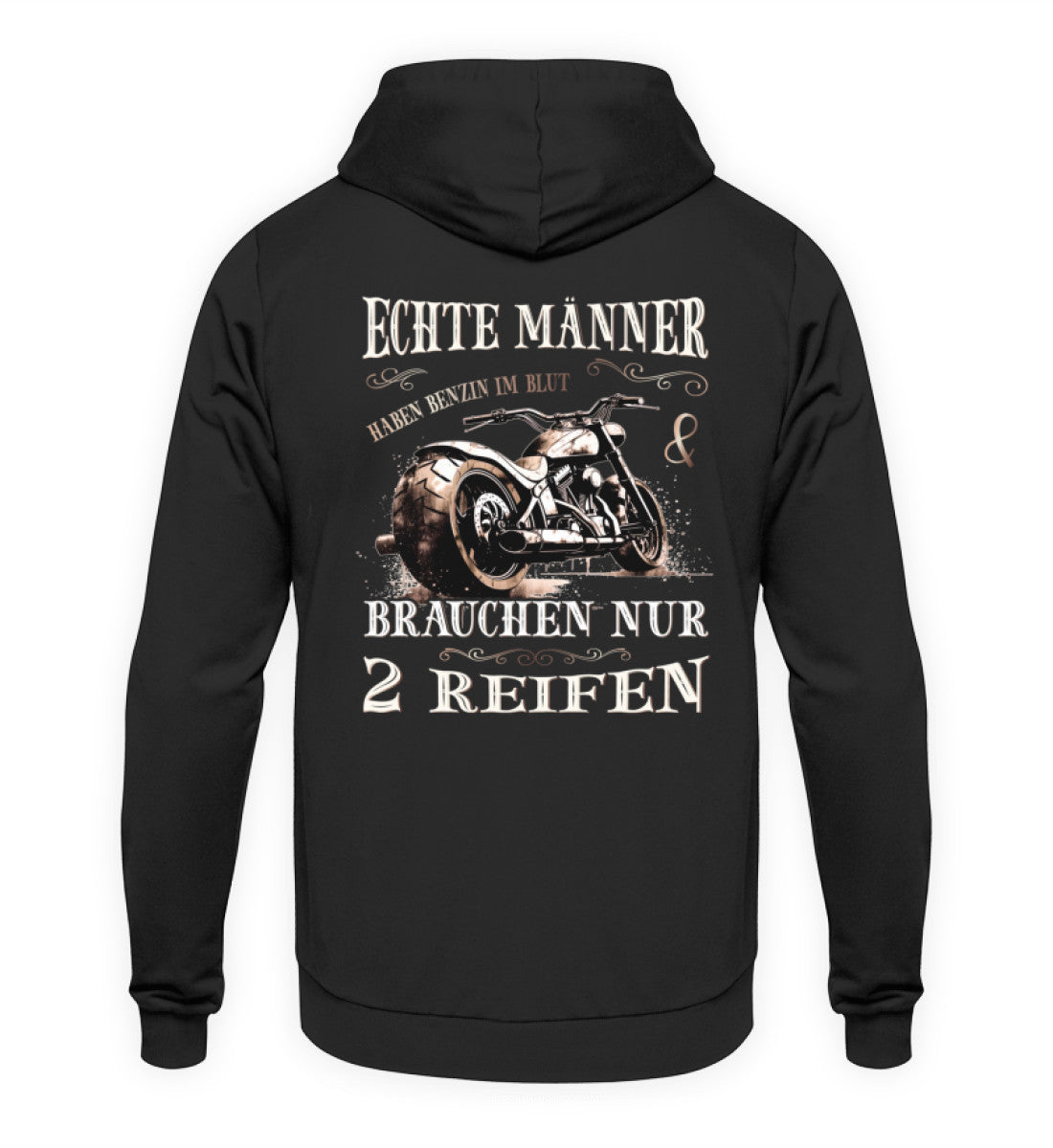 Ein Biker Hoodie für Motorradfahrer von Wingbikers mit dem Aufdruck, Echte Männer brauchen nur 2 Reifen, als Back Print, in schwarz.