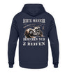 Ein Biker Hoodie für Motorradfahrer von Wingbikers mit dem Aufdruck, Echte Männer brauchen nur 2 Reifen, als Back Print, in navy blau.