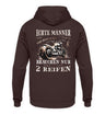 Ein Biker Hoodie für Motorradfahrer von Wingbikers mit dem Aufdruck, Echte Männer brauchen nur 2 Reifen, als Back Print, in braun.