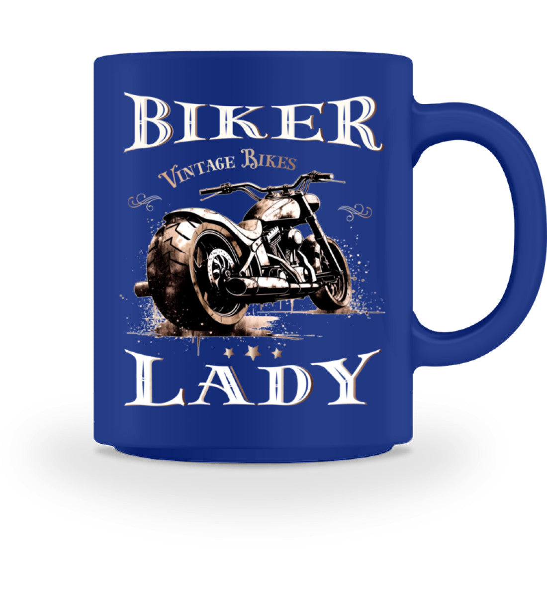 Eine Tasse für Motorradfahrerinnen von Wingbikers, mit dem beidseitigen Aufdruck, Biker Lady - Vintage Chopper, in royal blau.