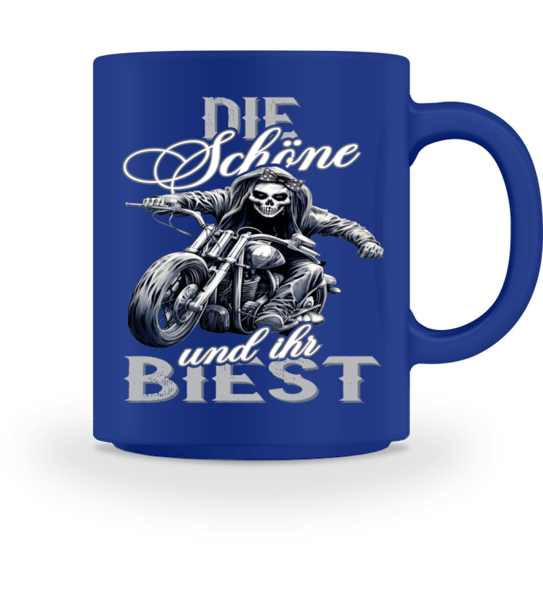 Eine Bikerin Tasse für Motorradfahrerinnen, von Wingbikers, mit dem beidseitigen Aufdruck, Die Schöne und ihr Biest, in blau.