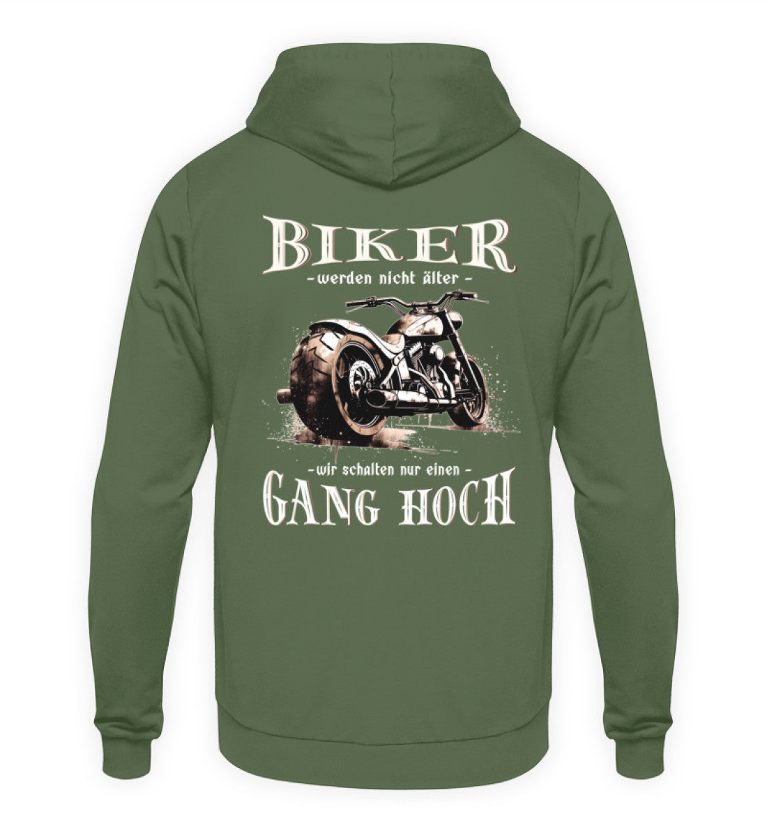 Ein Biker Hoodie für Motorradfahrer von Wingbikers mit dem Aufdruck, Biker werden nicht älter - Wir schalten nur einen Gang hoch! mit Back Print, in erdgrün.