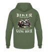 Ein Biker Hoodie für Motorradfahrer von Wingbikers mit dem Aufdruck, Biker werden nicht älter - Wir schalten nur einen Gang hoch! mit Back Print, in erdgrün.