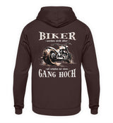 Ein Biker Hoodie für Motorradfahrer von Wingbikers mit dem Aufdruck, Biker werden nicht älter - Wir schalten nur einen Gang hoch! mit Back Print, in brun.