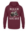 Ein Biker Hoodie für Motorradfahrer von Wingbikers mit dem Aufdruck, Biker werden nicht älter - Wir schalten nur einen Gang hoch! mit Back Print, in burgunder weinrot.