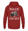 Ein Biker Hoodie für Motorradfahrer von Wingbikers mit dem Aufdruck, Biker werden nicht älter - Wir schalten nur einen Gang hoch! mit Back Print, in backsteinrot.