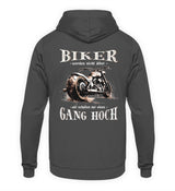 Ein Biker Hoodie für Motorradfahrer von Wingbikers mit dem Aufdruck, Biker werden nicht älter - Wir schalten nur einen Gang hoch! mit Back Print, in dunkelgrau.