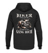 Ein Biker Hoodie für Motorradfahrer von Wingbikers mit dem Aufdruck, Biker werden nicht älter - Wir schalten nur einen Gang hoch! mit Back Print, in schwarz.