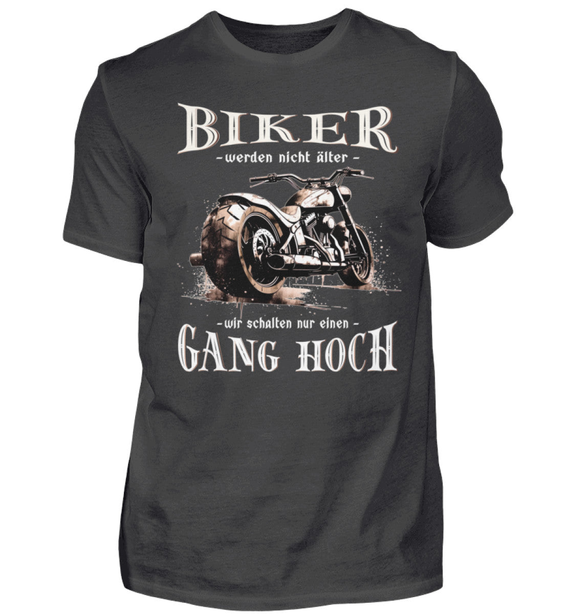 Ein Biker T-Shirt für Motorradfahrer von Wingbikers mit dem Aufdruck, Biker werden nicht älter - Wir schalten nur einen Gang hoch! - in dunkelgrau.