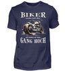 Ein Biker T-Shirt für Motorradfahrer von Wingbikers mit dem Aufdruck, Biker werden nicht älter - Wir schalten nur einen Gang hoch! - in navy blau.