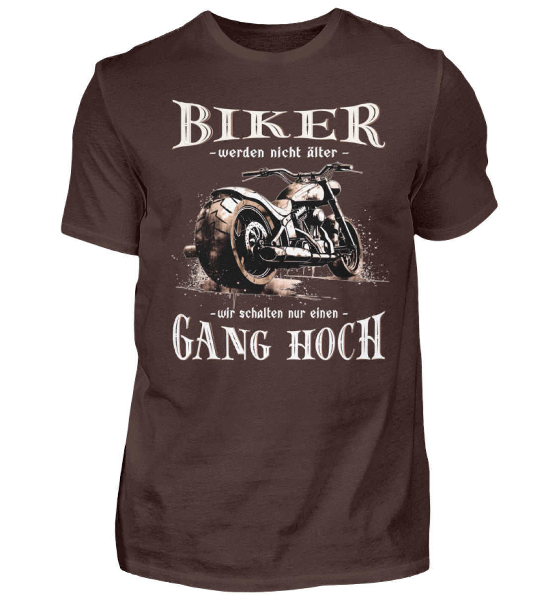 Ein Biker T-Shirt für Motorradfahrer von Wingbikers mit dem Aufdruck, Biker werden nicht älter - Wir schalten nur einen Gang hoch! - in braun.