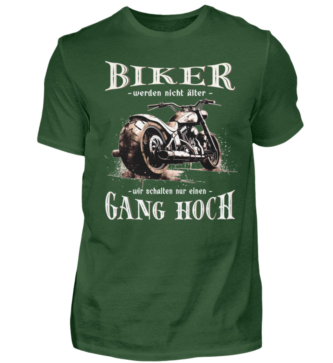 Ein Biker T-Shirt für Motorradfahrer von Wingbikers mit dem Aufdruck, Biker werden nicht älter - Wir schalten nur einen Gang hoch! - in dunkelgrün.