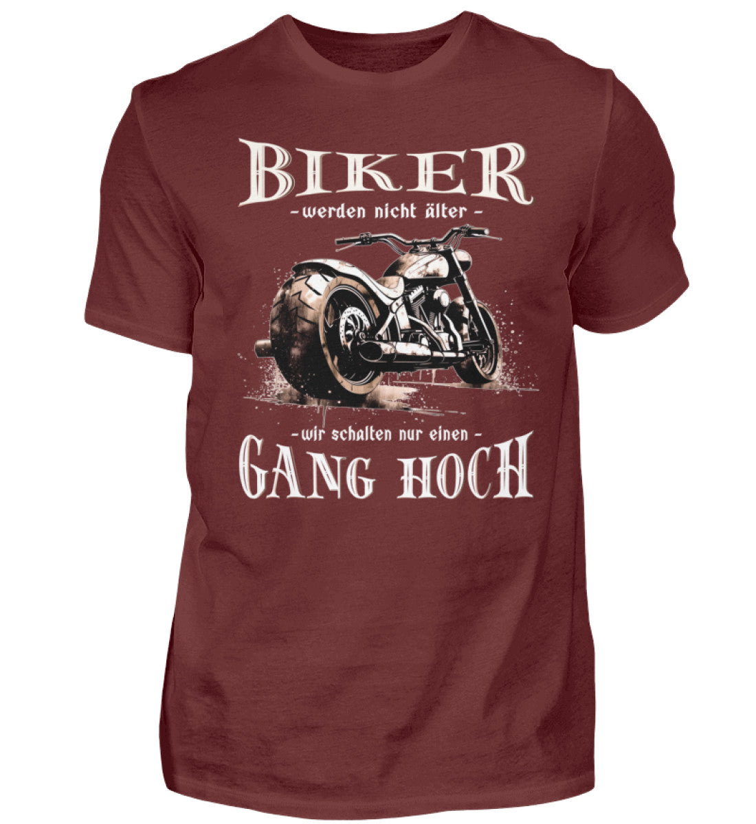 Ein Biker T-Shirt für Motorradfahrer von Wingbikers mit dem Aufdruck, Biker werden nicht älter - Wir schalten nur einen Gang hoch! - in weinrot.