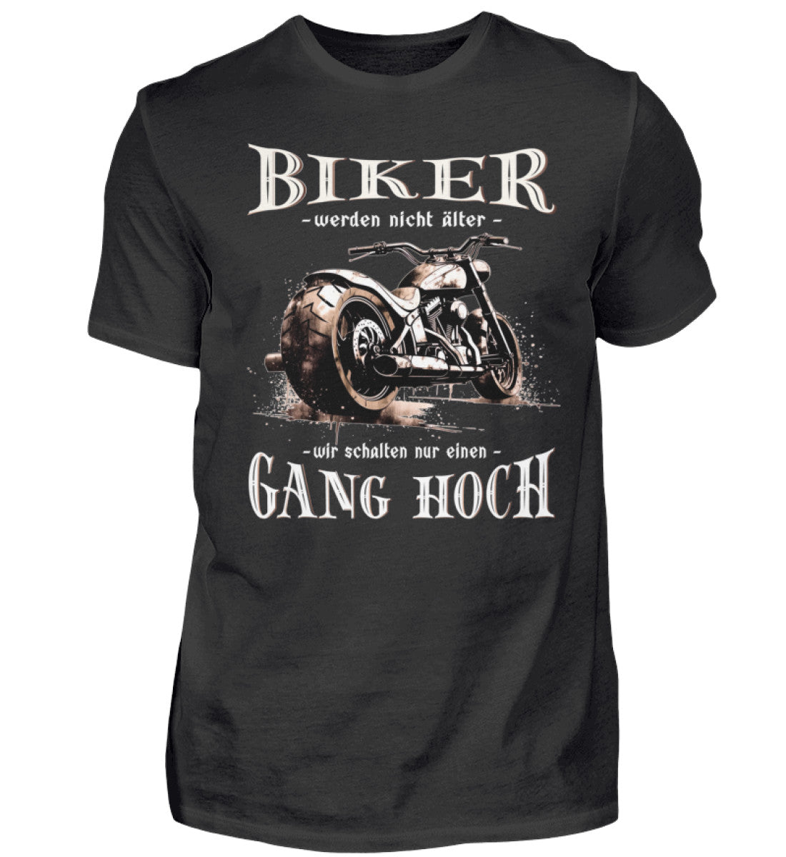 Ein Biker T-Shirt für Motorradfahrer von Wingbikers mit dem Aufdruck, Biker werden nicht älter - Wir schalten nur einen Gang hoch! - in schwarz.