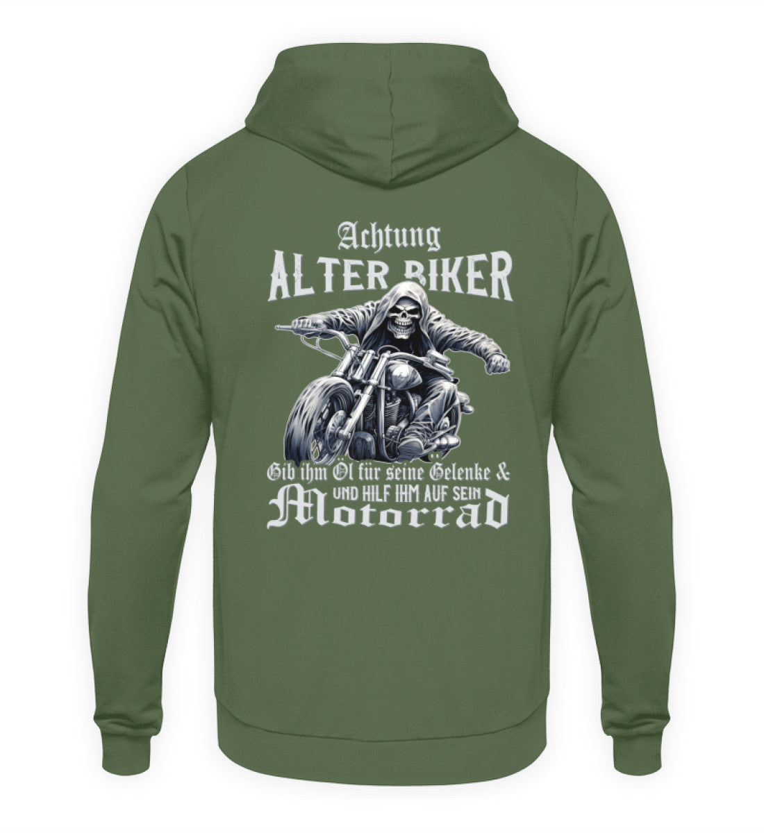 Ein Biker Hoodie für Motorradfahrer von Wingbikers mit dem Aufdruck, Achtung alter Biker - Gib ihm Öl und hilf ihm auf sein Motorrad, als Back Print - in erdgrün.