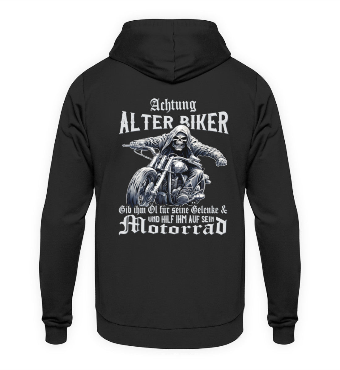 Ein Biker Hoodie für Motorradfahrer von Wingbikers mit dem Aufdruck, Achtung alter Biker - Gib ihm Öl und hilf ihm auf sein Motorrad, als Back Print - in schwarz.