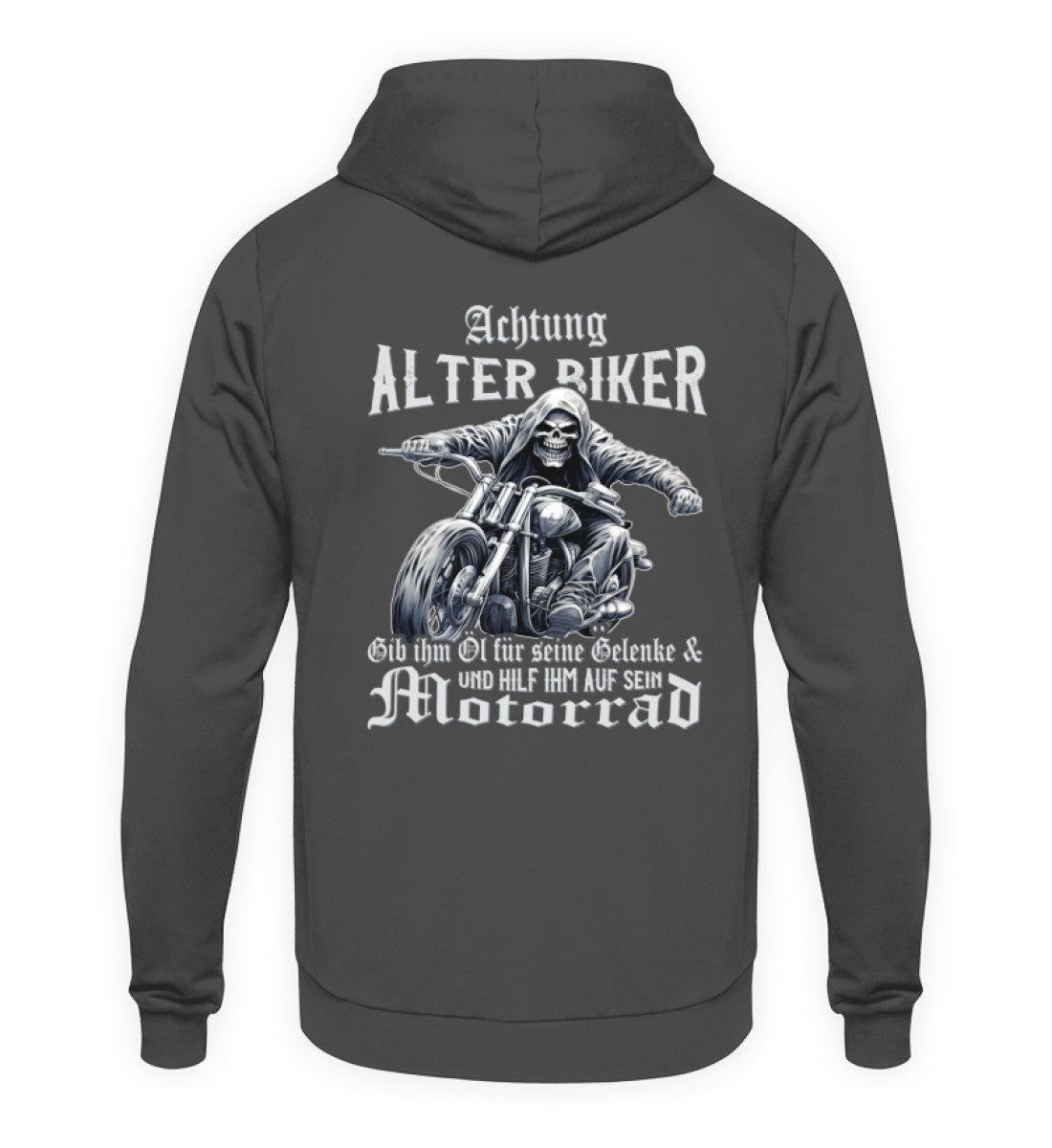 Ein Biker Hoodie für Motorradfahrer von Wingbikers mit dem Aufdruck, Achtung alter Biker - Gib ihm Öl und hilf ihm auf sein Motorrad, als Back Print - in dunkelgrau.