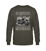 Ein Sweatshirt für Motorradfahrer von Wingbikers mit dem Aufdruck, Du brauchst nicht immer einen Plan - Manchmal reichen Eier und ein Motorrad, in khaki grün.